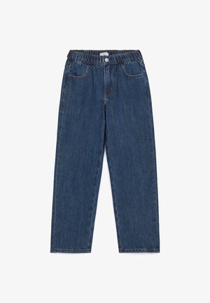 Jean en denim bleu foncé pour enfant avec taille élastique, poches avant, fermeture par bouton et coupe droite.