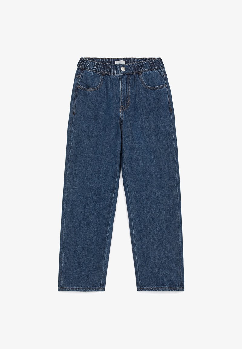 Jean en denim bleu foncé pour enfant avec taille élastique, poches avant, fermeture par bouton et coupe droite.