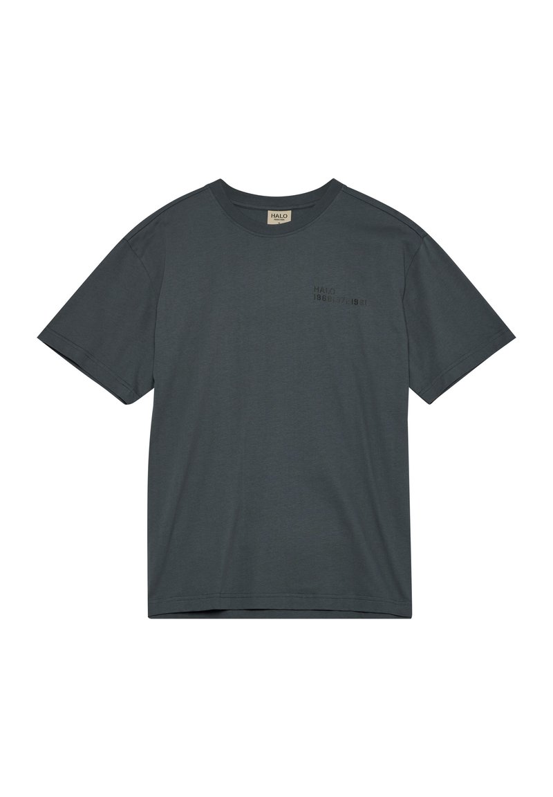 Grå bomulds T-shirt med klassisk rund hals, korte ærmer og subtil "HALO 1968" grafik på forsiden. Glat tekstur, afslappet pasform.