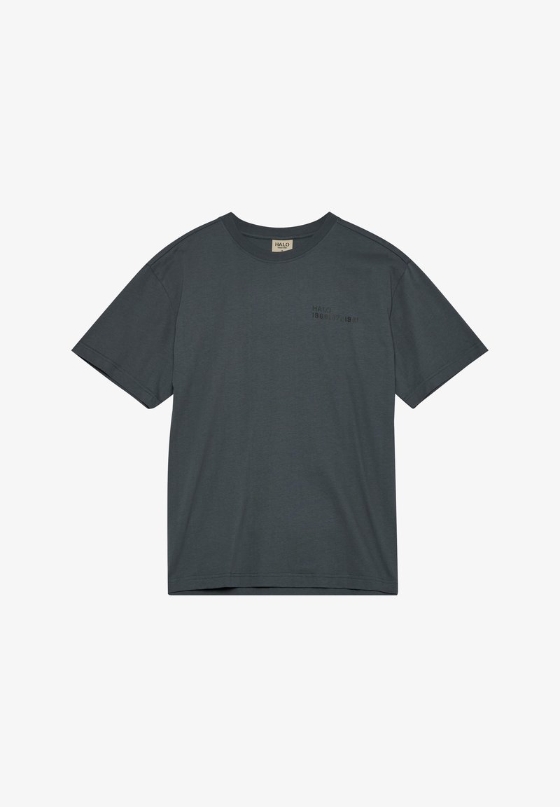 Grå bomulds T-shirt med klassisk rund hals, korte ærmer og subtil "HALO 1968" grafik på forsiden. Glat tekstur, afslappet pasform.