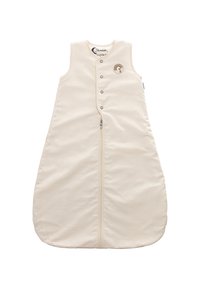 Beige Schlafsack aus weichem Stoff, mit einem Frontreißverschluss, Druckknöpfen und einem kleinen gestickten Regenbogen-Detail.