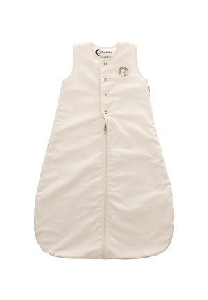 Beige Schlafsack aus weichem Stoff, mit einem Frontreißverschluss, Druckknöpfen und einem kleinen gestickten Regenbogen-Detail.