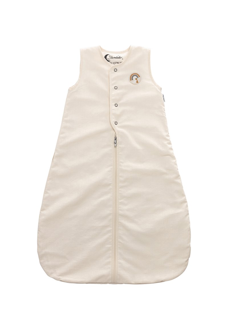 Beige Schlafsack aus weichem Stoff, mit einem Frontreißverschluss, Druckknöpfen und einem kleinen gestickten Regenbogen-Detail.