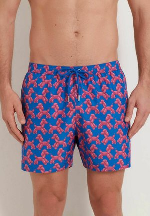 Pantaloncini da bagno con uno sfondo blu e un motivo di palloncini colorati in rosa, vita con cordoncino e tessuto leggero.
