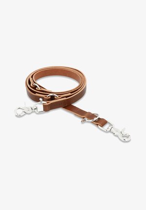 Leather dog leash in medium brown with a smooth texture and silver metal hardware, featuring a sturdy swivel snap clip.