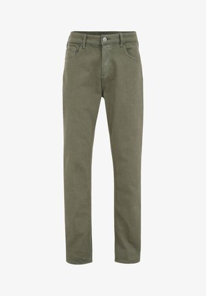 Olivza zaļa, šaura taisna piegriezuma bikses, izgatavotas no mīksta auduma, ar pogu aizdari, piecām kabatām un gludu, matētu virsmu.