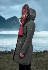 Mørkegrøn parka med pelsforet hætte, lynlås foran og trykknapper. Båret sammen med et rødt tørklæde og en hue, iført i en blæsende kystbaggrund.