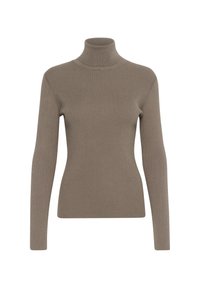 Maglione a collo alto beige a coste, con maniche lunghe e silhouette aderente, caratterizzato da una trama liscia e un design minimalista.