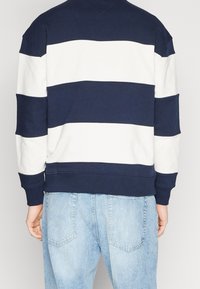 Felpa a righe blu navy e bianche con maniche lunghe, polsini e orlo a coste, realizzata in morbido tessuto. Indossata sopra jeans azzurri chiari.