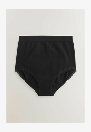 Mustad kõrge vöökohaga puuvillased püksikud, millel on sile viimistlus ja pitsiline ääris jalanõude avadel. Disainile on lisatud lai elastne vöökoht.