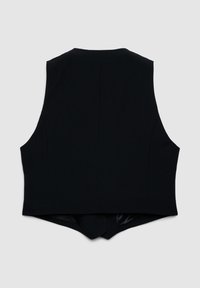 Gilet nero senza maniche con collo alto. Presenta una texture liscia e una vestibilità su misura. La parte posteriore ha un dettaglio a spacco all'orlo per una silhouette moderna.