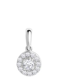 Okrągły diamentowy wisiorek w białym złocie, z centralnym większym kamieniem otoczonym mniejszymi diamentami, z eleganckim uchwytem do zawieszania.