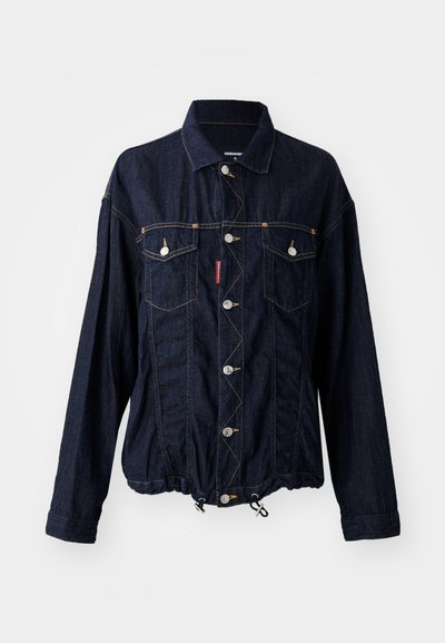 Dark blue denim jacket with two chest pockets, silver button hardware, adjustable drawstring hem, and contrasting stitching details.