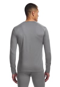 Gray long-sleeve shirt made from a smooth, lightweight material, featuring a round neckline and stitched seams, viewed from the back.