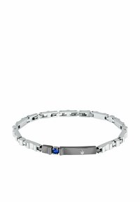 Silberner Metallarmband mit rechteckigen Gliedern, polierter Oberfläche und einem zentralen blauen Edelsteinakzent mit subtiler Krone im Logo.