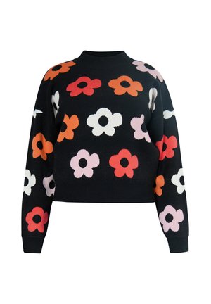 Pulover negru cu decolteu cu nervuri, având modele florale multicolore în roșu, roz, alb și portocaliu pe partea din față.