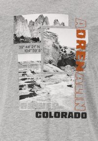 Harmaa T-paita, jossa on mustavalkoisia vuoristomaisemia esittävä graafinen design, koordinaatit, "DENVER" ja "ADRENALIN" vahvoilla väreillä.