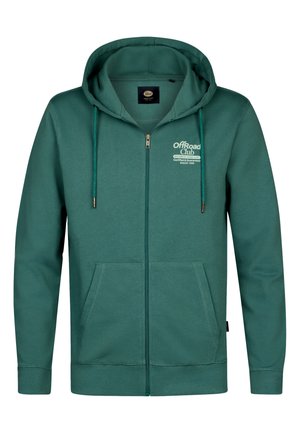 Grøn hættetrøje med lynlås, forlommer, snore i hætten og hvidt "OffRoad Club" logo på venstre bryst.