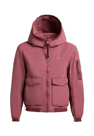 Rust-colored hooded jacket with front zipper, two flap pockets, and zippered pocket on left sleeve, elastic cuffs and waistband.