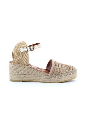 Sandalo espadrillas beige con zeppa, punta intrecciata, retro intrecciato, suola in juta intrecciata e cinturino alla caviglia bianco con fibbia argento.