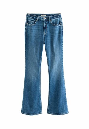 Jeans in denim blu a zampa d'elefante con vita a media altezza, dotati di cinque tasche e chiusura classica con bottone. Una leggera scoloritura ne esalta la texture.