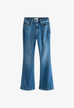 Bølgeformede blå denim jeans med en mellemhøj talje, der har fem lommer og en klassisk knaplukning. Lys falming fremhæver strukturen.