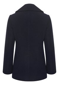 Granatowy płaszcz z mieszanki wełny z wyciętym kołnierzem, długimi rękawami i dopasowanym fasonem. Charakteryzuje się gładką fakturą i eleganckim tyłem.