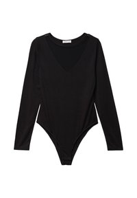 Bodysuit noir à manches longues avec décolleté en V profond, design ajusté et texture lisse. Comprend des accents subtils sur les épaules et une coupe string.