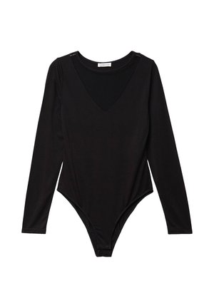 Bodysuit negro de manga larga con escote en V profundo, diseño ajustado y textura suave. Incluye sutiles acentos en los hombros y corte tipo tanga.