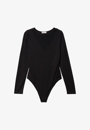 Black long-sleeve bodysuit featuring a deep V-neck, fitted design, and smooth texture. Includes subtle shoulder accents and a thong cut.