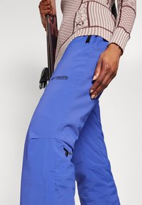 Blauwe waterdichte skibroek met een tapse pasvorm, versterkte knieën en zichtbare stiksels. Columbia Titanium-logo aan de voorkant.