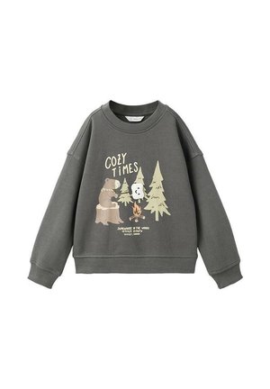 Sweatshirt gris avec un col rond, présentant un motif graphique d'un ours et des arbres, le texte "COZY TIMES", et une texture douce.