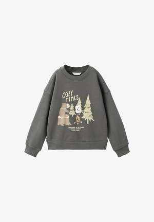 Felpa grigia con scollo tondo, caratterizzata da un motivo grafico con un orso e degli alberi, scritta "COZY TIMES" e una texture morbida.
