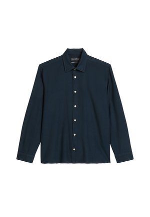 Chemise à manches longues bleu marine en tissu doux. Dotée d'un col standard, d'une patte de boutonnage à l'avant avec des boutons blancs, et de poignets à un bouton.