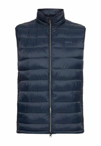 Navyblaues Steppwesten mit hohem Kragen und Frontreißverschluss. Mit horizontalen Steppnähten und zwei seitlichen Taschen. Glatte, glänzende Textur.