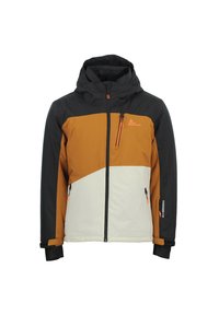 Veste à capuche avec un design en blocs de couleurs comprenant des panneaux bleu foncé, marron et gris clair ; dotée de fermetures éclair et de poignets ajustables.