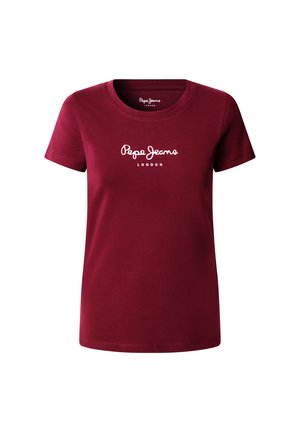 Burgundy színű, rövid ujjú póló kerek nyakkal, középen fehér "Pepe Jeans London" logóval az emlőrészen.