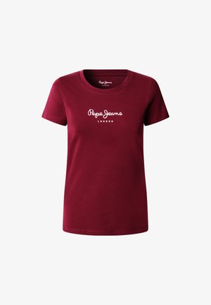 T-shirt bordeaux à manches courtes avec col rond et logo "Pepe Jeans London" blanc centré sur la poitrine.