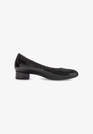 Ballerines en cuir noir avec un bout arrondi et un petit talon carré. Texture lisse avec un éclat subtil et des détails de couture minimaux.
