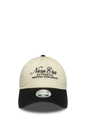 Beige and black baseball cap with "New Era Authentic American Sportswear" embroidered on front and a sticker on the black visor.