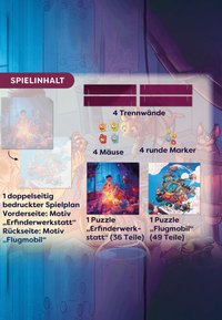 Der Spielinhalt umfasst ein doppelseitiges Spielbrett, zwei Puzzles, vier Trennwände, vier Mäuse und vier runde Marker, die bunte Grafiken zeigen.