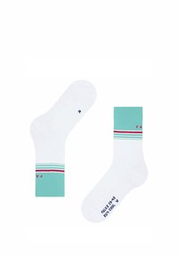 Białe skarpetki sięgające kostek z turkusowym mankietem, zdobione czerwonymi i turkusowymi paskami. Na podeszwie znajdują się granatowe napisy wskazujące rozmiar i markę.