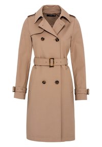 Trench-coat beige avec un devant croisé, de grands boutons, une ceinture assortie et des épaulettes. Tissu lisse et longueur au genou.