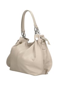 Sac à main en cuir beige au design décontracté, doté d'une seule bandoulière, d'une quincaillerie argentée et de détails sur les côtés. Texture lisse, sans motifs visibles.