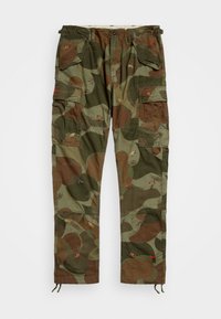 Pantalones cargo de camuflaje con una variedad de insectos bordados de colores, múltiples bolsillos y dobladillos ajustables con cordón. Fabricados con un tejido duradero.