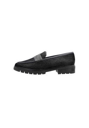 Sorte læder loafers med en strop detalje, lav blokhæl og robust sål, vist i profilset på en hvid baggrund.