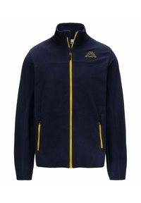 Giacca in fleece blu navy con colletto alto, zip intera e zip gialla. Dotata di due tasche laterali e di un piccolo logo giallo sul petto.