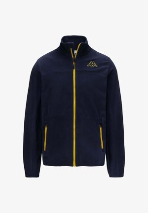 Giacca in fleece blu navy con colletto alto, zip intera e zip gialla. Dotata di due tasche laterali e di un piccolo logo giallo sul petto.