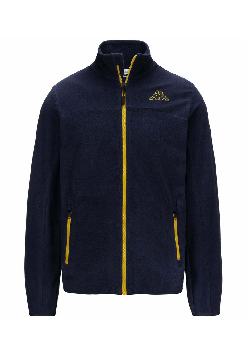 Giacca in fleece blu navy con colletto alto, zip intera e zip gialla. Dotata di due tasche laterali e di un piccolo logo giallo sul petto.