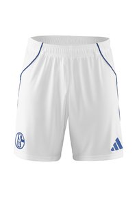Weiße Sportshorts aus glattem Material, mit blauen seitlichen Akzenten, einem Vereinslogo auf dem linken Bein und einem elastischen Bund.